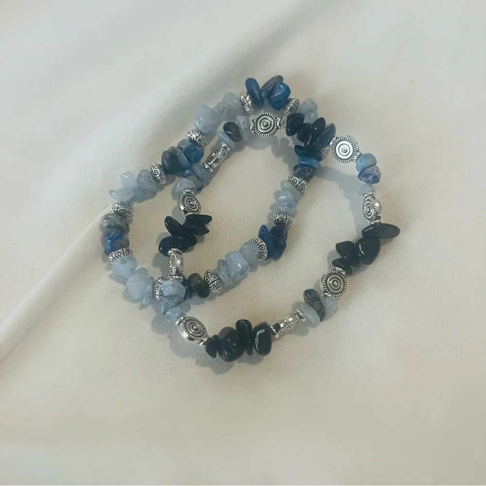 Aquamarine Lapis Lazuli Blue Goldstone Beaded Stretch Bracelets Handmade NWT - Picture 2 of 8